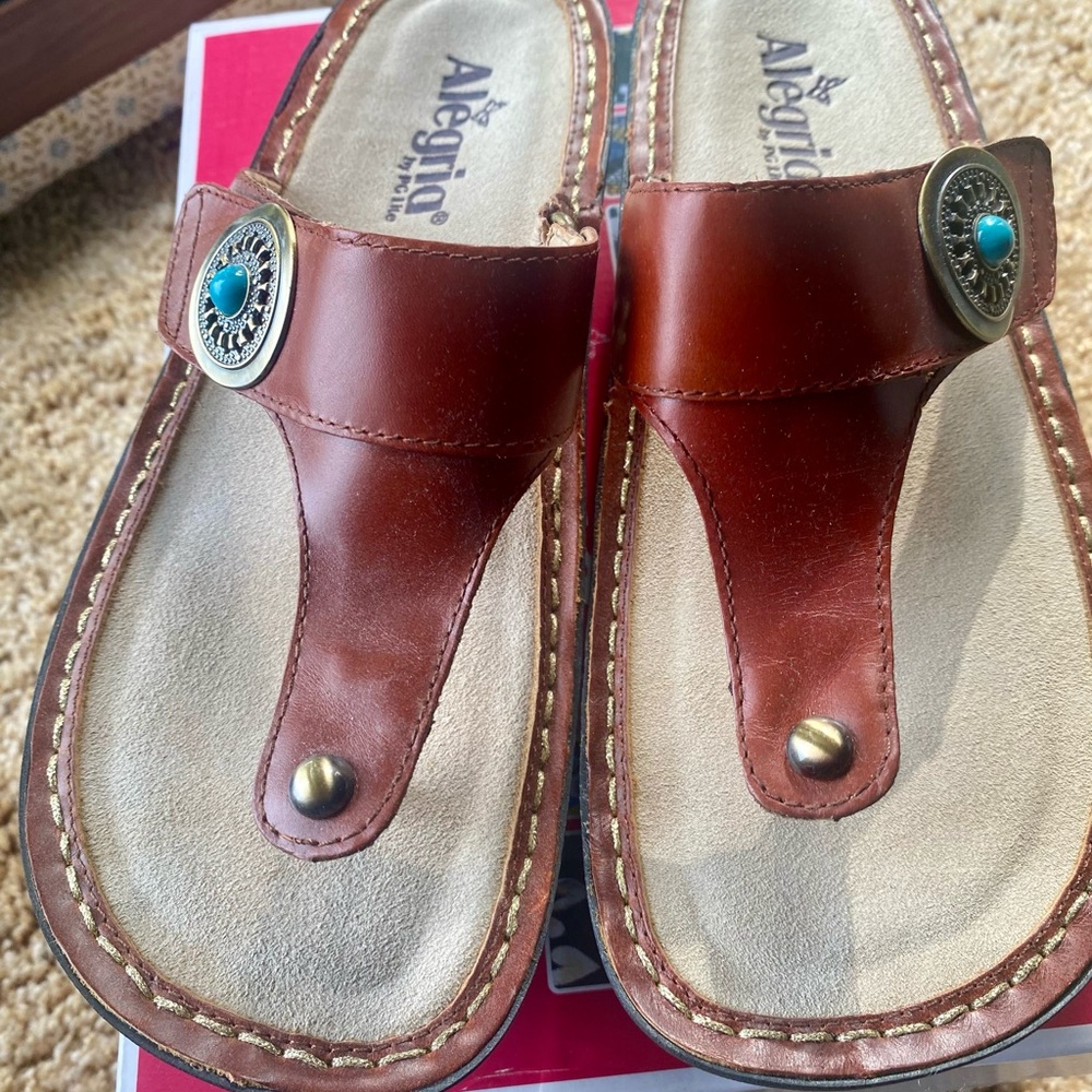 Alegria Brown Leather Sandals with Turquoise Detail